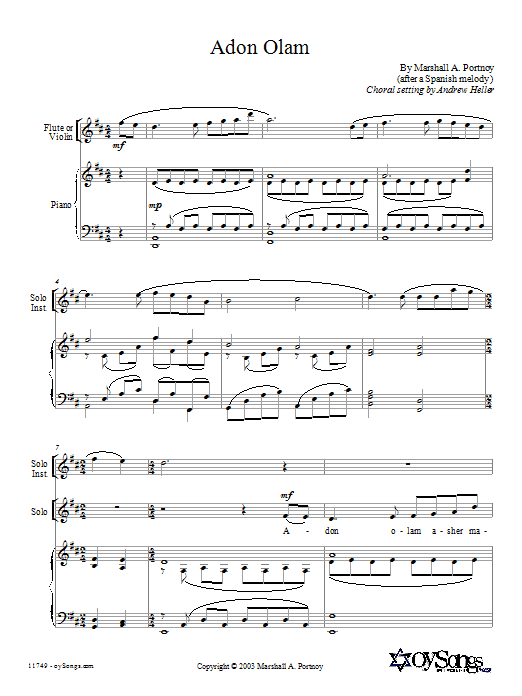 Learn to play Marshall Portnoy Adon Olam sheet music for SATB in minutes. Marshall Portnoy Adon Olam sheet music preview music notes and score for SATB including 9 page(s)