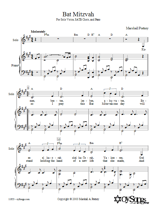 Learn to play Marshall Portnoy Bat Mitzvah sheet music for SSA in minutes. Marshall Portnoy Bat Mitzvah sheet music preview music notes and score for SSA including 5 page(s)