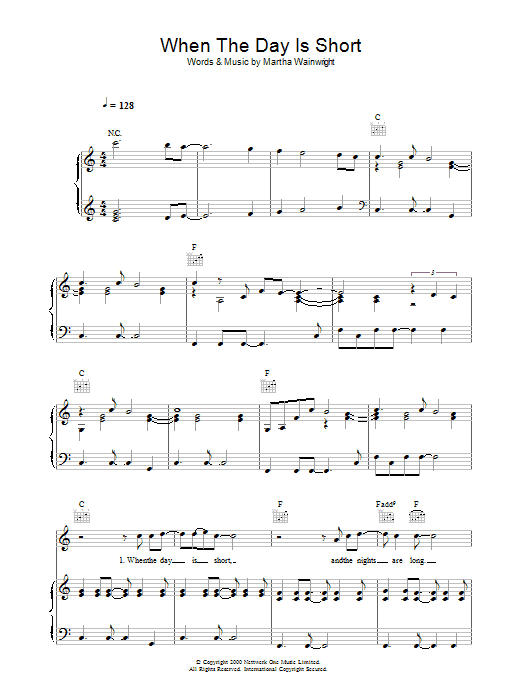Learn to play Martha Wainwright When The Day Is Short sheet music for Piano, Vocal & Guitar in minutes. Martha Wainwright When The Day Is Short sheet music preview music notes and score for Piano, Vocal & Guitar including 6 page(s)