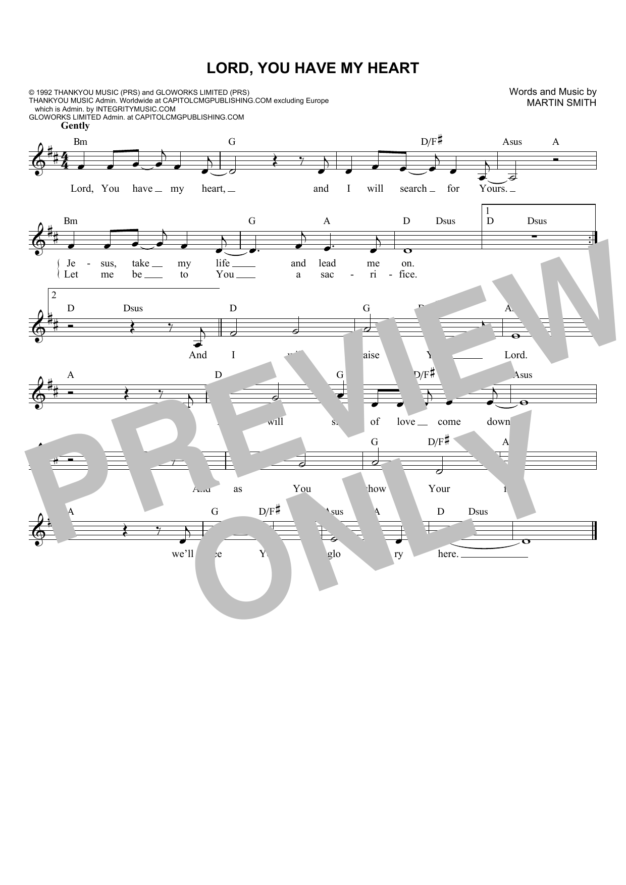 Martin Smith Lord, You Have My Heart sheet music, chords, lyrics - Printable PDF for Melody Line, Lyrics & Chords