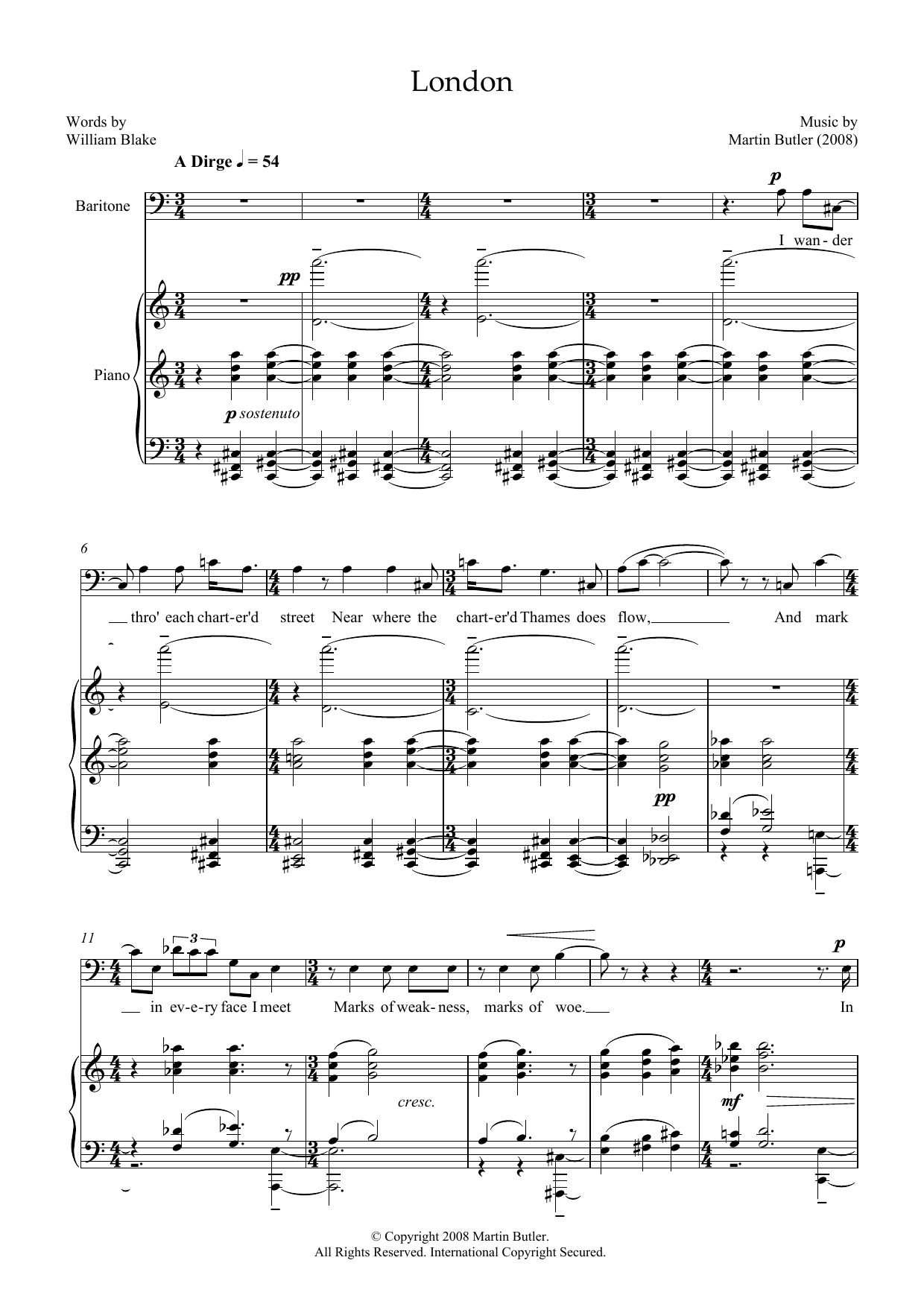 Martin Butler London (for baritone & piano) sheet music preview music notes and score for Piano & Vocal including 5 page(s)