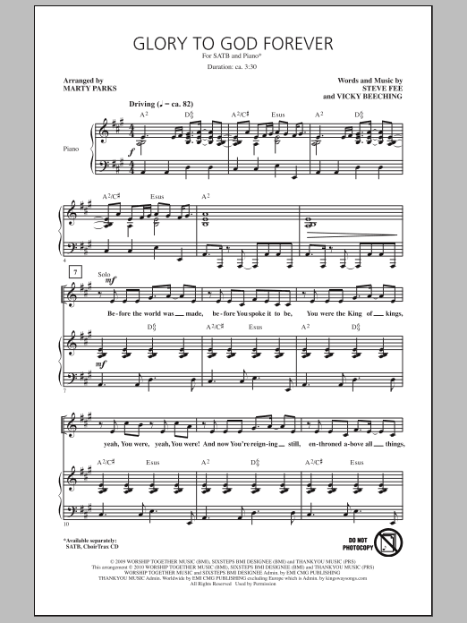 Marty Parks Glory To God Forever sheet music, chords, lyrics - Printable PDF for SATB Choir