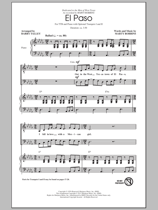 Learn to play Marty Robbins El Paso (arr. Barry Talley) sheet music for TTBB in minutes. Marty Robbins El Paso (arr. Barry Talley) sheet music preview music notes and score for TTBB including 19 page(s)