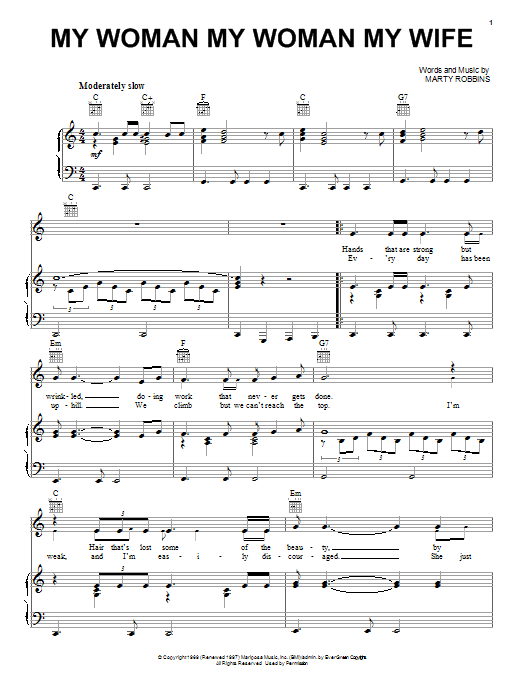 Learn to play Marty Robbins My Woman My Woman My Wife sheet music for Piano, Vocal & Guitar (Right-Hand Melody) in minutes. Marty Robbins My Woman My Woman My Wife sheet music preview music notes and score for Piano, Vocal & Guitar (Right-Hand Melody) including 4 page(s)