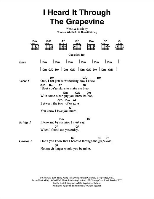 Learn to play Marvin Gaye I Heard It Through The Grapevine sheet music for Guitar Tab in minutes. Marvin Gaye I Heard It Through The Grapevine sheet music preview music notes and score for Guitar Tab including 4 page(s)