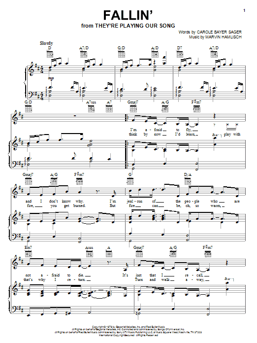 Learn to play Marvin Hamlisch Fallin' sheet music for Piano, Vocal & Guitar (Right-Hand Melody) in minutes. Marvin Hamlisch Fallin' sheet music preview music notes and score for Piano, Vocal & Guitar (Right-Hand Melody) including 3 page(s)