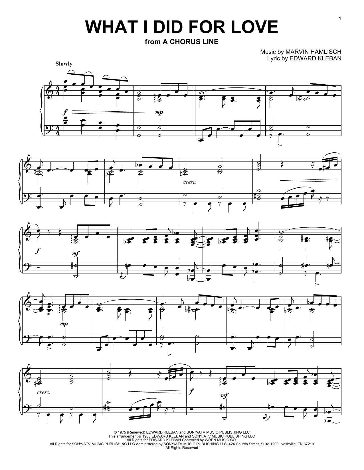 Marvin Hamlisch What I Did For Love (from 'A Chorus Line') sheet music preview music notes and score for Piano including 3 page(s)