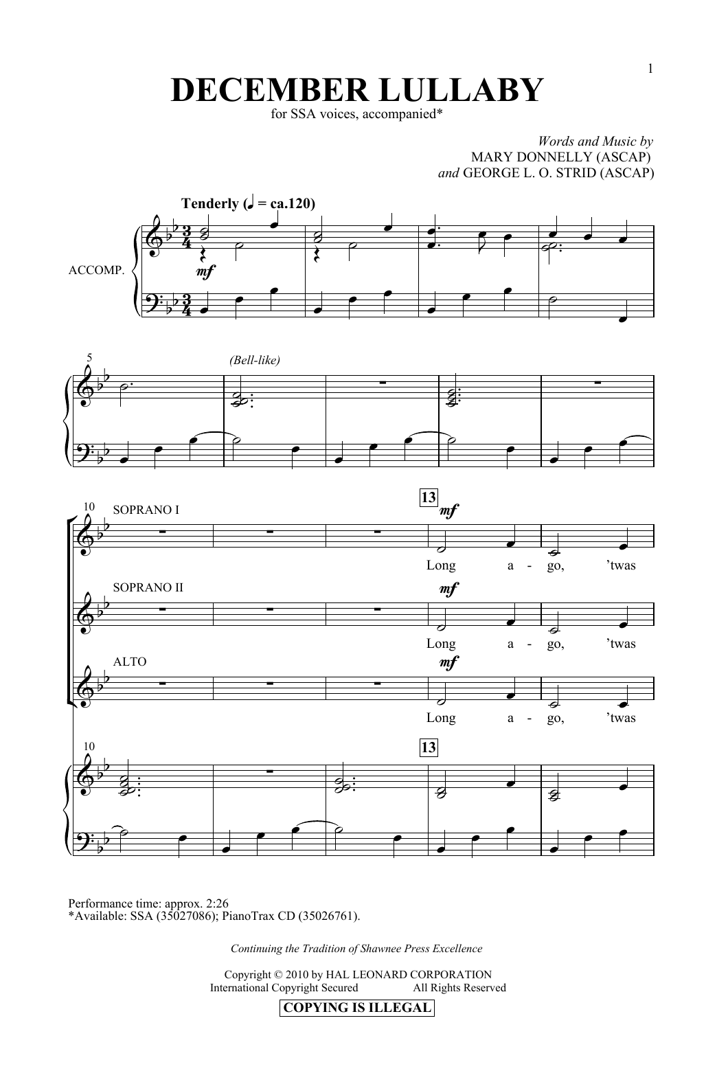 Mary Donnelly & George L.O. Strid December Lullaby sheet music, chords, lyrics - Printable PDF for SSA Choir