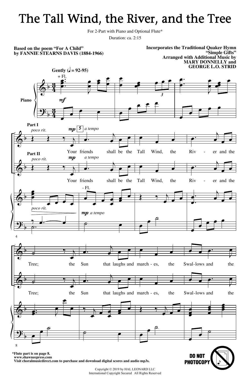 Mary Donnelly & George L.O. Strid The Tall Wind, The River And The Tree sheet music, chords, lyrics - Printable PDF for 2-Part Choir