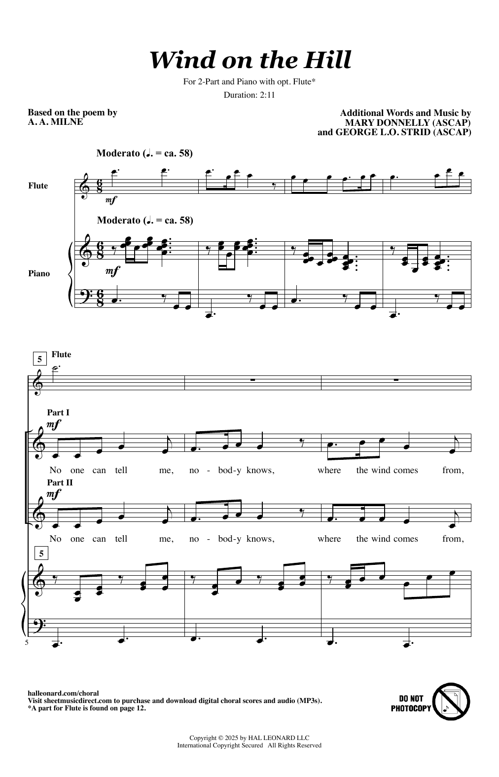 Mary Donnelly & George L.O. Strid Wind On The Hill sheet music, chords, lyrics - Printable PDF for 2-Part Choir