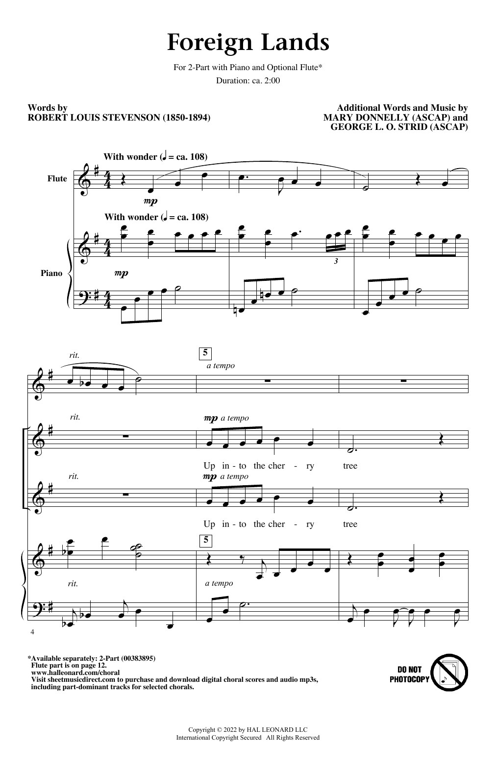 Mary Donnelly and George L.O. Strid Foreign Lands sheet music, chords, lyrics - Printable PDF for 2-Part Choir