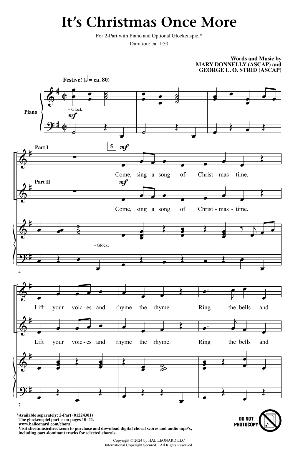 Mary Donnelly and George L.O. Strid It's Christmas Once More sheet music, chords, lyrics - Printable PDF for 2-Part Choir