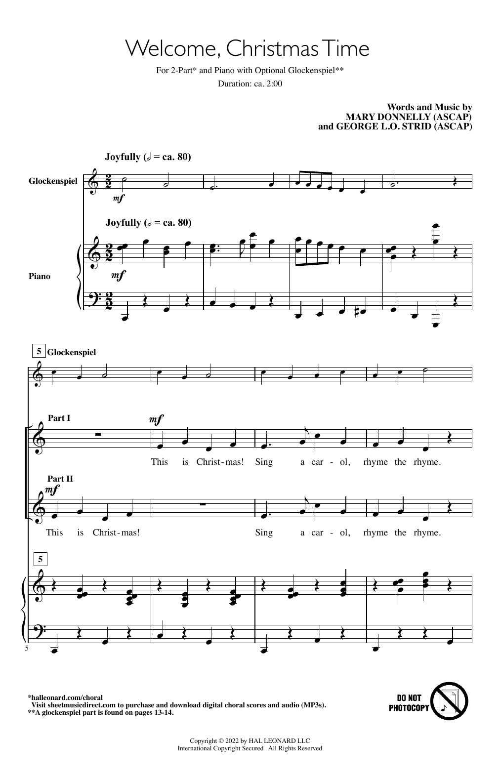 Mary Donnelly and George L.O. Strid Welcome, Christmas Time sheet music, chords, lyrics - Printable PDF for 2-Part Choir