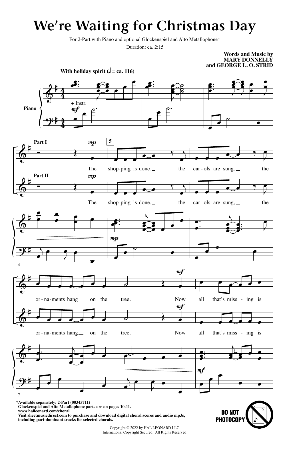 Mary Donnelly and George L.O. Strid We're Waiting For Christmas Day sheet music, chords, lyrics - Printable PDF for 2-Part Choir
