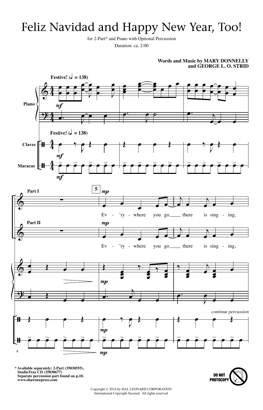 Mary Donnelly Feliz Navidad And Happy New Year, Too! sheet music, chords, lyrics - Printable PDF for 2-Part Choir