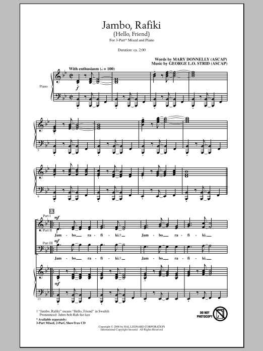 Mary Donnelly Jambo, Rafiki (Hello, Friend) sheet music, chords, lyrics - Printable PDF for 3-Part Mixed Choir
