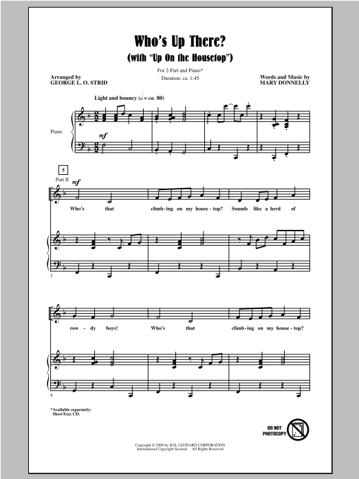Mary Donnelly Who's Up There? (with Up On The Housetop) sheet music, chords, lyrics - Printable PDF for 2-Part Choir