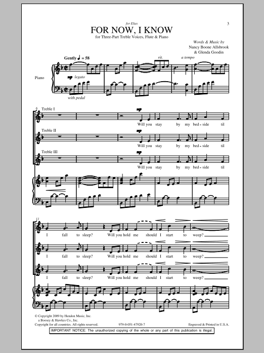 Mary Goetze For Now, I Know sheet music, chords, lyrics - Printable PDF for 3-Part Treble