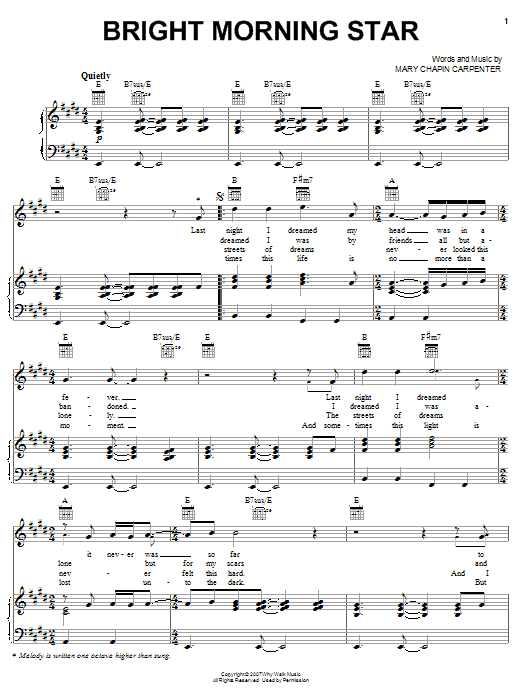 Learn to play Mary Chapin Carpenter Bright Morning Star sheet music for Piano, Vocal & Guitar (Right-Hand Melody) in minutes. Mary Chapin Carpenter Bright Morning Star sheet music preview music notes and score for Piano, Vocal & Guitar (Right-Hand Melody) including 6 page(s)