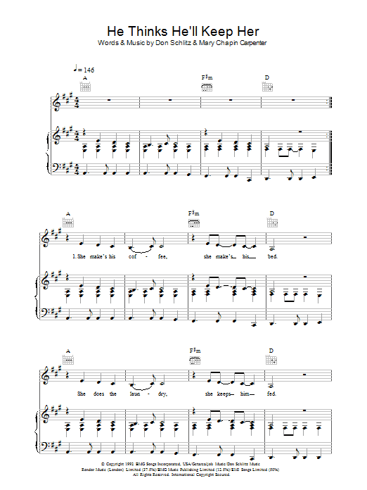 Mary Chapin Carpenter He Thinks He'll Keep Her sheet music preview music notes and score for Piano, Vocal & Guitar (Right-Hand Melody) including 7 page(s)