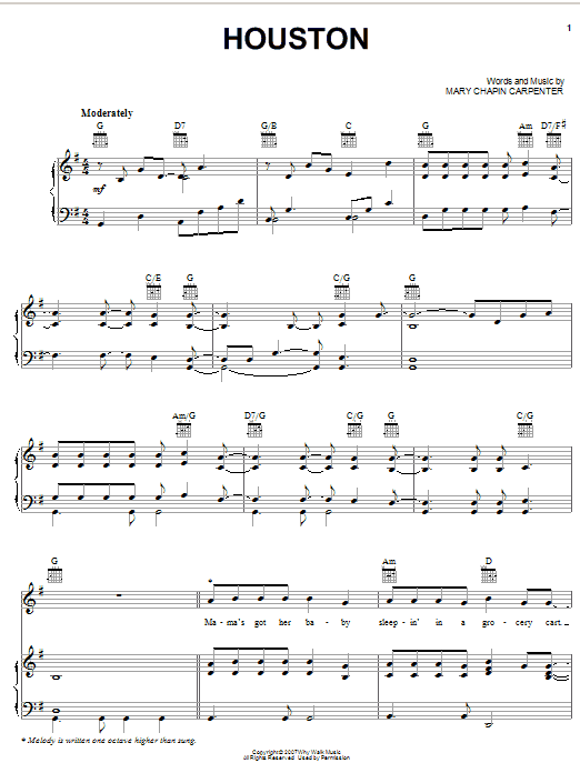 Learn to play Mary Chapin Carpenter Houston sheet music for Piano, Vocal & Guitar (Right-Hand Melody) in minutes. Mary Chapin Carpenter Houston sheet music preview music notes and score for Piano, Vocal & Guitar (Right-Hand Melody) including 6 page(s)