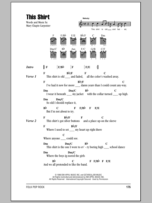 Learn to play Mary Chapin Carpenter This Shirt sheet music for Lyrics & Chords in minutes. Mary Chapin Carpenter This Shirt sheet music preview music notes and score for Lyrics & Chords including 3 page(s)