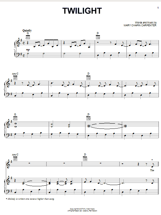 Learn to play Mary Chapin Carpenter Twilight sheet music for Piano, Vocal & Guitar (Right-Hand Melody) in minutes. Mary Chapin Carpenter Twilight sheet music preview music notes and score for Piano, Vocal & Guitar (Right-Hand Melody) including 8 page(s)