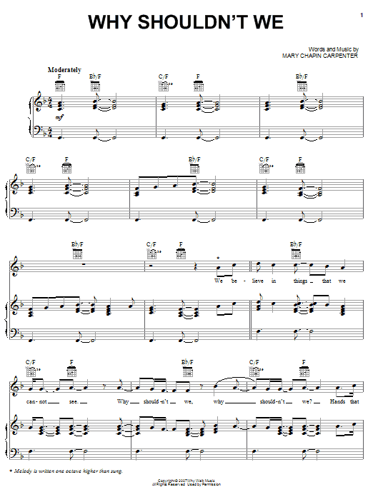 Learn to play Mary Chapin Carpenter Why Shouldn't We sheet music for Piano, Vocal & Guitar (Right-Hand Melody) in minutes. Mary Chapin Carpenter Why Shouldn't We sheet music preview music notes and score for Piano, Vocal & Guitar (Right-Hand Melody) including 8 page(s)
