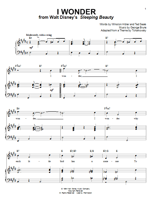 Mary Costa I Wonder (from Sleeping Beauty) sheet music preview music notes and score for Piano, Vocal & Guitar (Right-Hand Melody) including 3 page(s)
