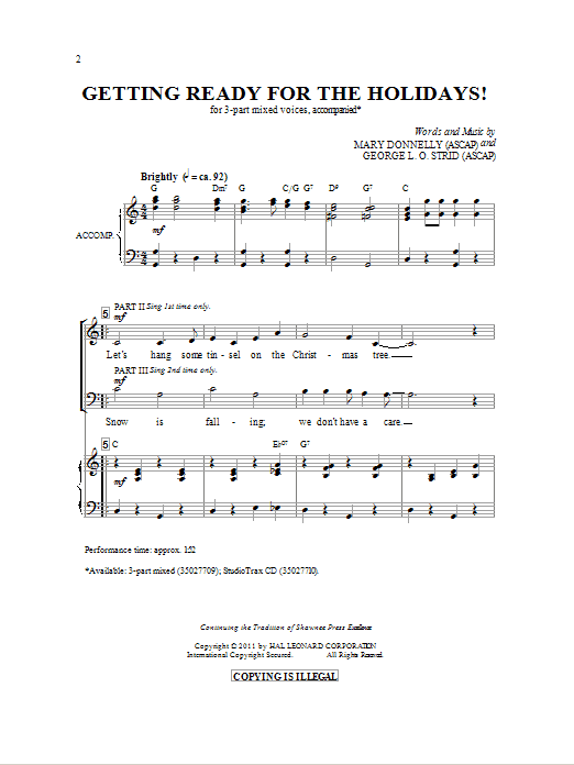 Learn to play Mary Donnelly Getting Ready For The Holidays! sheet music for 3-Part Mixed in minutes. Mary Donnelly Getting Ready For The Holidays! sheet music preview music notes and score for 3-Part Mixed including 7 page(s)