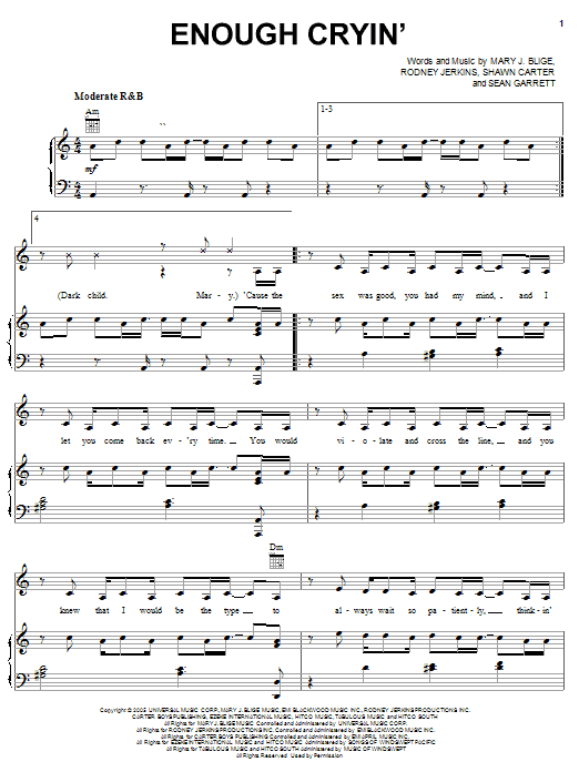 Mary J. Blige Enough Cryin' (feat. Brook-lyn) sheet music preview music notes and score for Piano, Vocal & Guitar (Right-Hand Melody) including 9 page(s)
