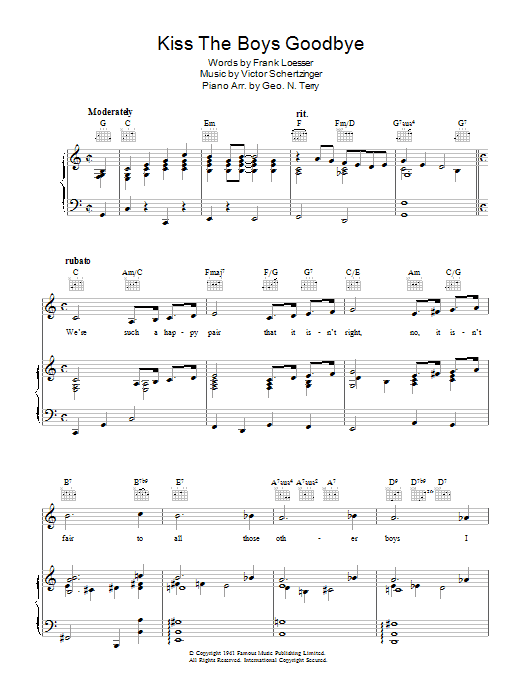 Learn to play Mary Martin Kiss The Boys Goodbye sheet music for Piano, Vocal & Guitar (Right-Hand Melody) in minutes. Mary Martin Kiss The Boys Goodbye sheet music preview music notes and score for Piano, Vocal & Guitar (Right-Hand Melody) including 5 page(s)