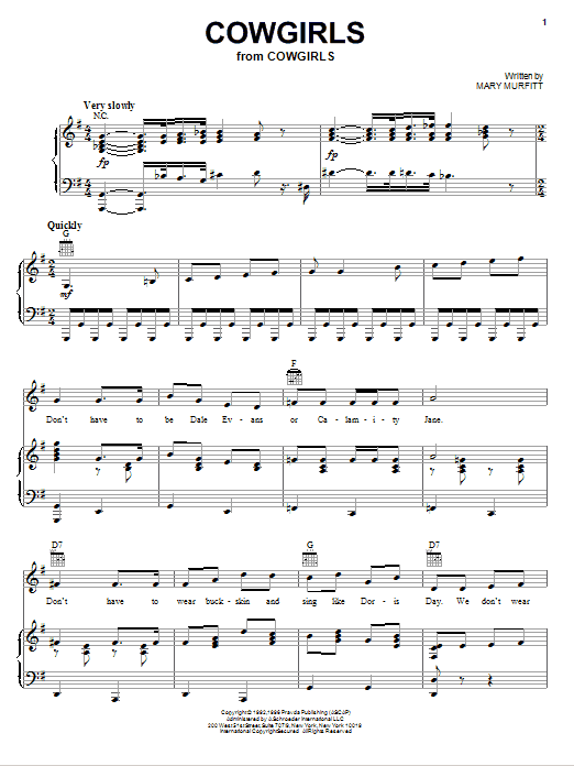 Learn to play Mary Murfitt Cowgirls sheet music for Piano, Vocal & Guitar (Right-Hand Melody) in minutes. Mary Murfitt Cowgirls sheet music preview music notes and score for Piano, Vocal & Guitar (Right-Hand Melody) including 6 page(s)