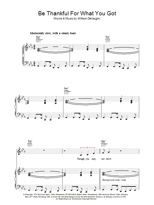 Massive Attack Be Thankful For What You Got sheet music preview music notes and score for Piano, Vocal & Guitar including 5 page(s)