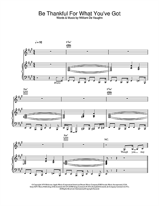 Learn to play Massive Attack Be Thankful For What You've Got sheet music for Piano, Vocal & Guitar (Right-Hand Melody) in minutes. Massive Attack Be Thankful For What You've Got sheet music notes and chords