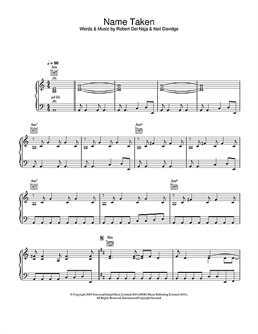 Learn to play Massive Attack Name Taken sheet music for Piano, Vocal & Guitar in minutes. Massive Attack Name Taken sheet music notes and chords