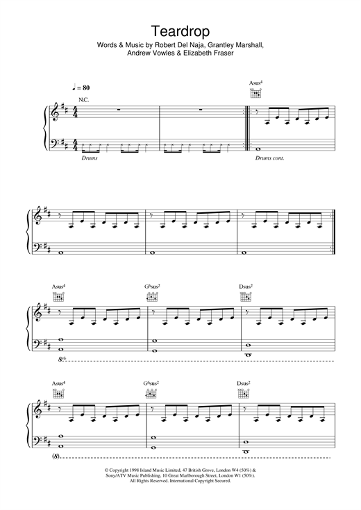 Learn to play Massive Attack Teardrop sheet music for Piano, Vocal & Guitar in minutes. Massive Attack Teardrop sheet music notes and chords