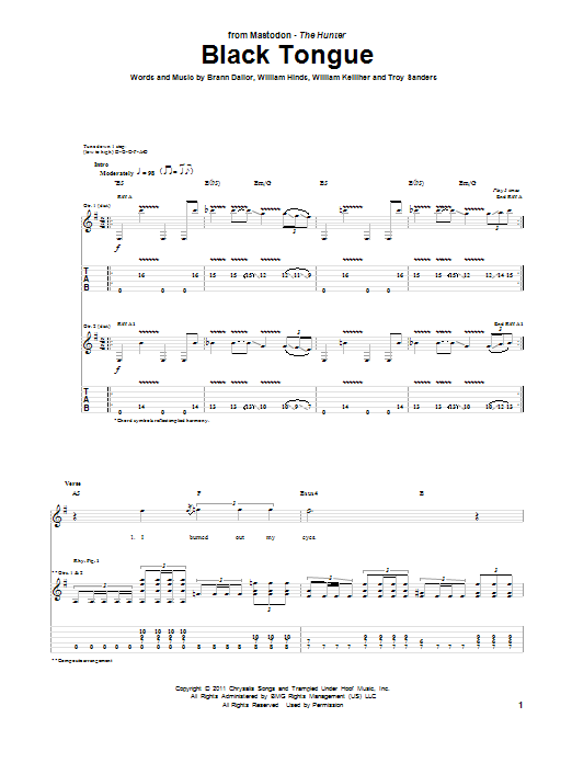 Mastodon Black Tongue sheet music preview music notes and score for Guitar Tab including 7 page(s)