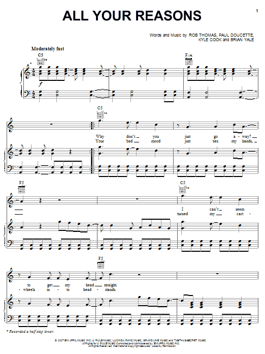 Learn to play Matchbox Twenty All Your Reasons sheet music for Piano, Vocal & Guitar (Right-Hand Melody) in minutes. Matchbox Twenty All Your Reasons sheet music preview music notes and score for Piano, Vocal & Guitar (Right-Hand Melody) including 5 page(s)