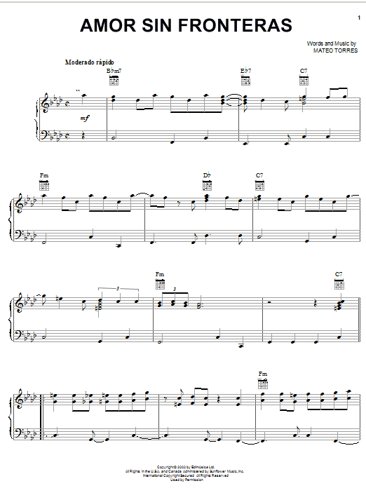 Mateo Torres Amor Sin Fronteras sheet music, chords, lyrics - Printable PDF for Piano, Vocal & Guitar (Right-Hand Melody)