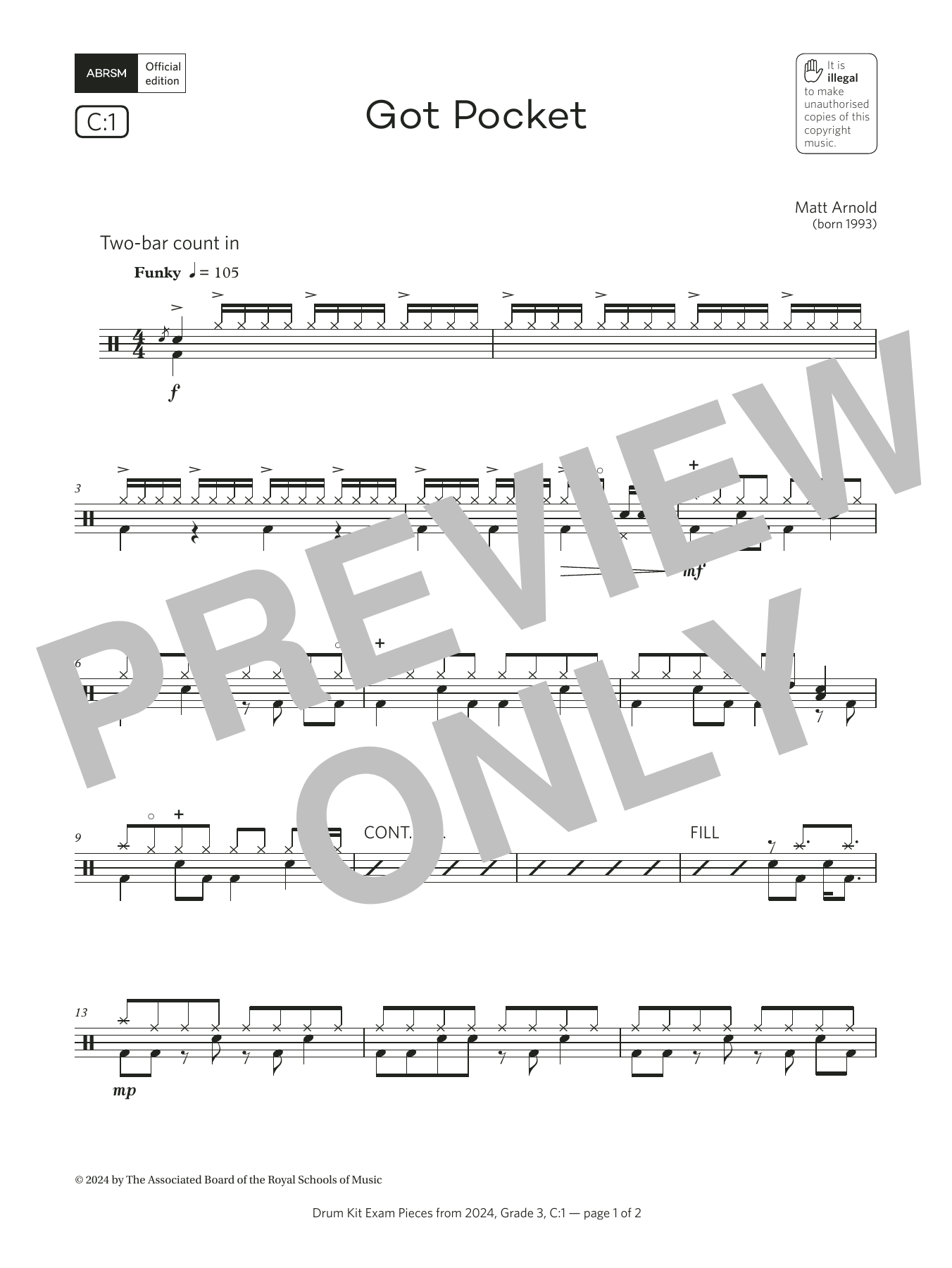 Matt Arnold Got Pocket (Grade 3, list C1, from the ABRSM Drum Kit Syllabus 2024) sheet music, chords, lyrics - Printable PDF for Drums