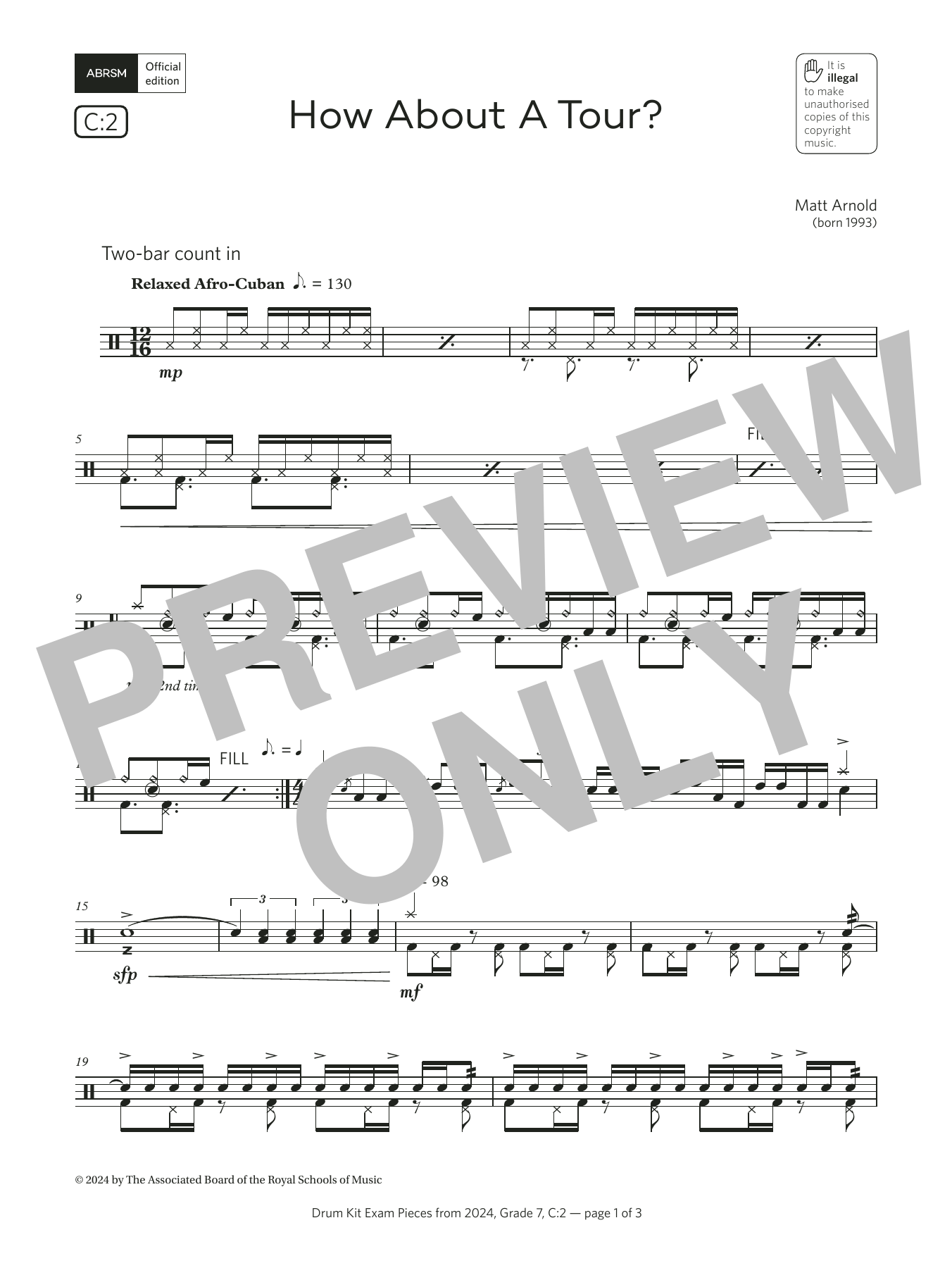 Matt Arnold How About A Tour? (Grade 7, list C2, from the ABRSM Drum Kit Syllabus 2024) sheet music, chords, lyrics - Printable PDF for Drums