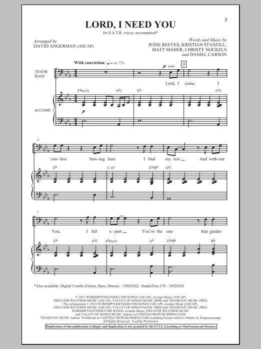 David Angerman Lord, I Need You sheet music, chords, lyrics - Printable PDF for SATB