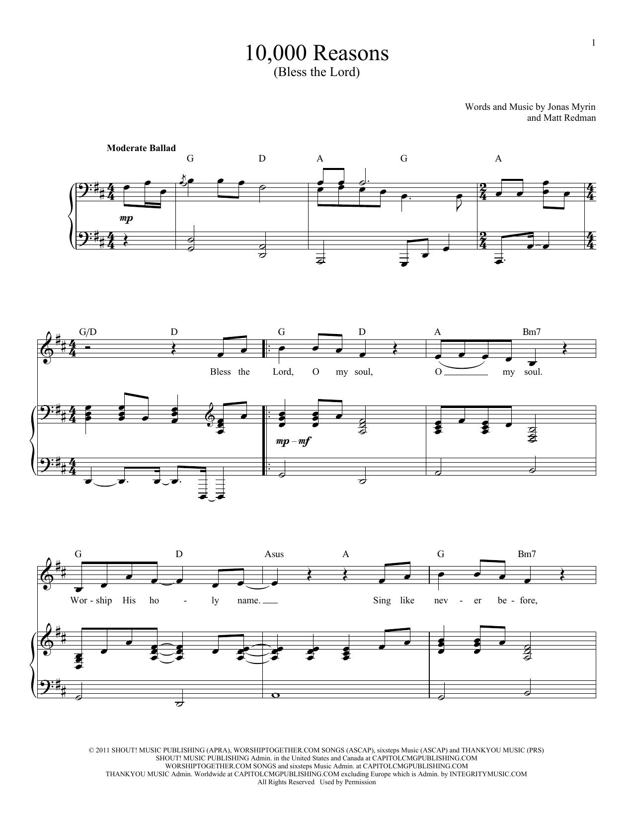Matt Redman 10,000 Reasons (Bless The Lord) sheet music, chords, lyrics - Printable PDF for Piano & Vocal