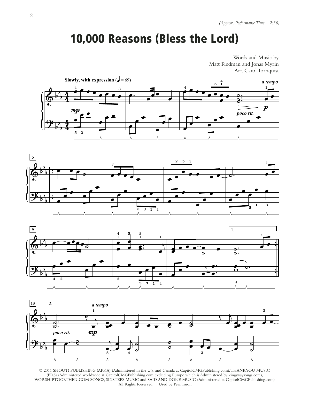 Matt Redman 10,000 Reasons (Bless The Lord) sheet music, chords, lyrics - Printable PDF for Piano Solo