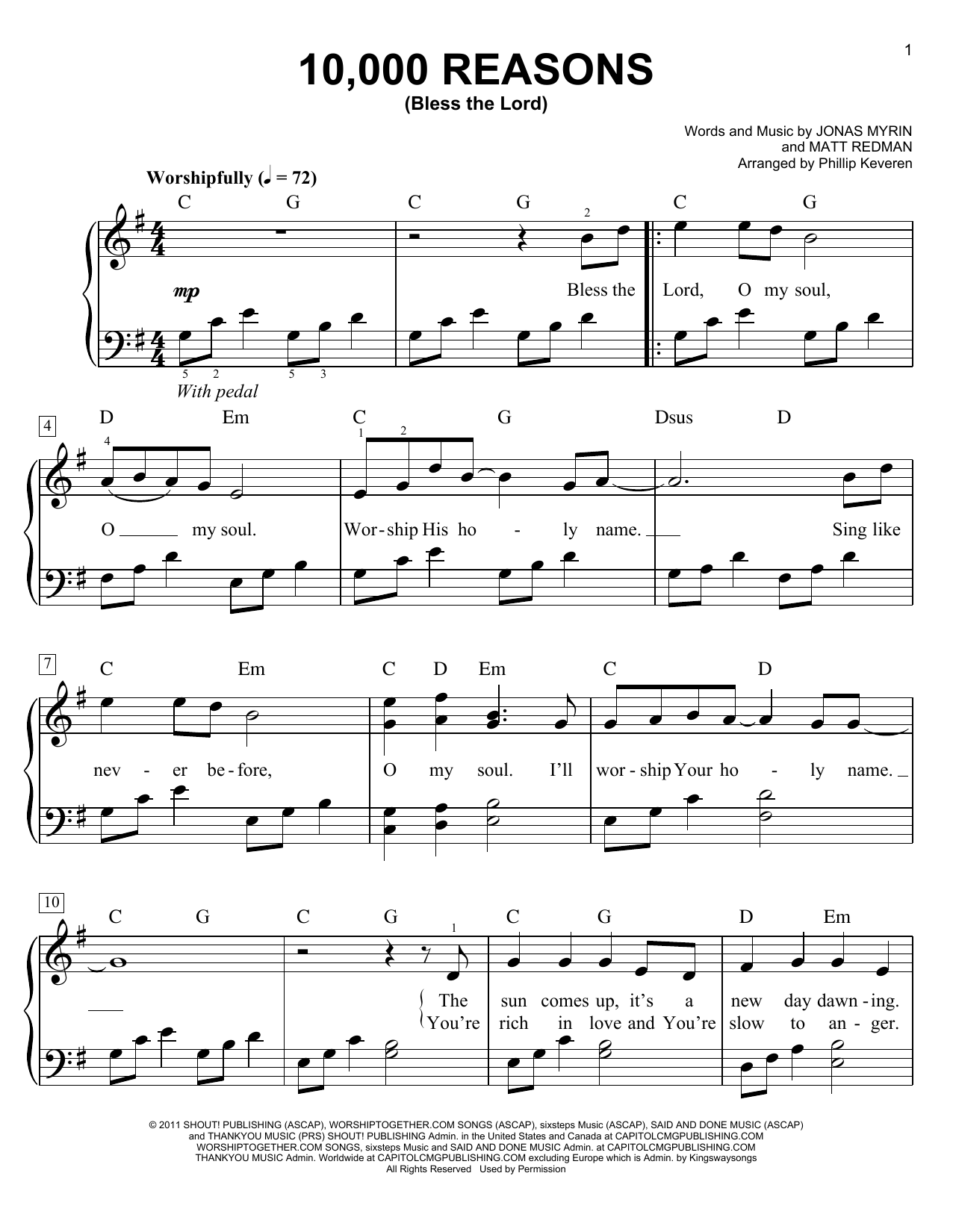 Phillip Keveren 10,000 Reasons (Bless The Lord) sheet music, chords, lyrics - Printable PDF for Easy Piano