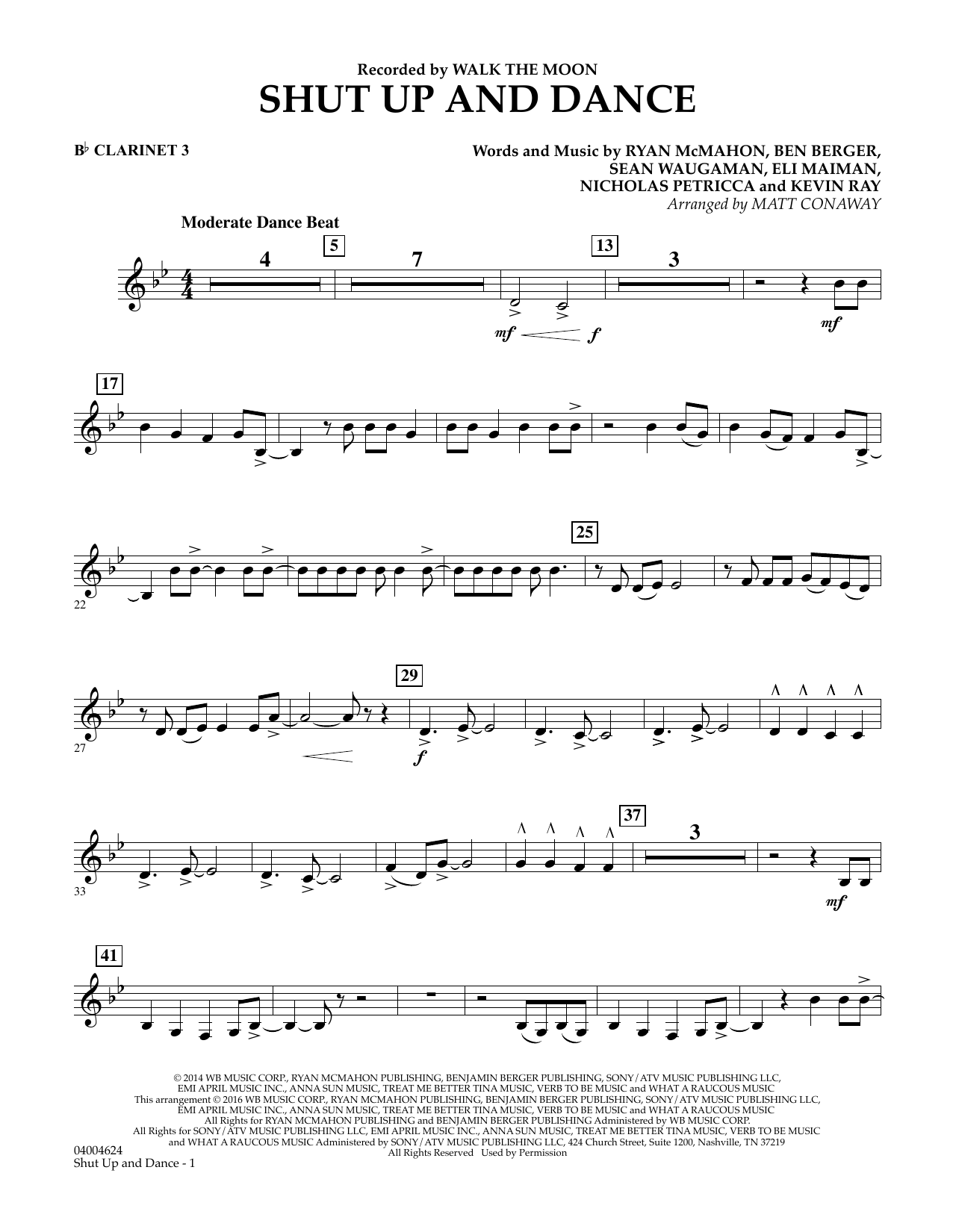 Learn to play Matt Conaway Shut Up And Dance - Bb Clarinet 3 sheet music for Concert Band in minutes. Matt Conaway Shut Up And Dance - Bb Clarinet 3 sheet music preview music notes and score for Concert Band including 2 page(s)