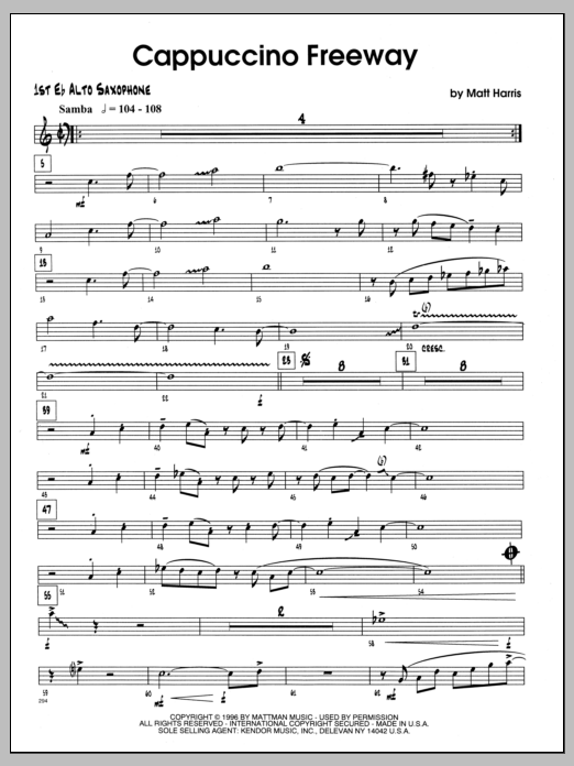 Learn to play Matt Harris Cappuccino Freeway - 1st Eb Alto Saxophone sheet music for Jazz Ensemble in minutes. Matt Harris Cappuccino Freeway - 1st Eb Alto Saxophone sheet music preview music notes and score for Jazz Ensemble including 4 page(s)