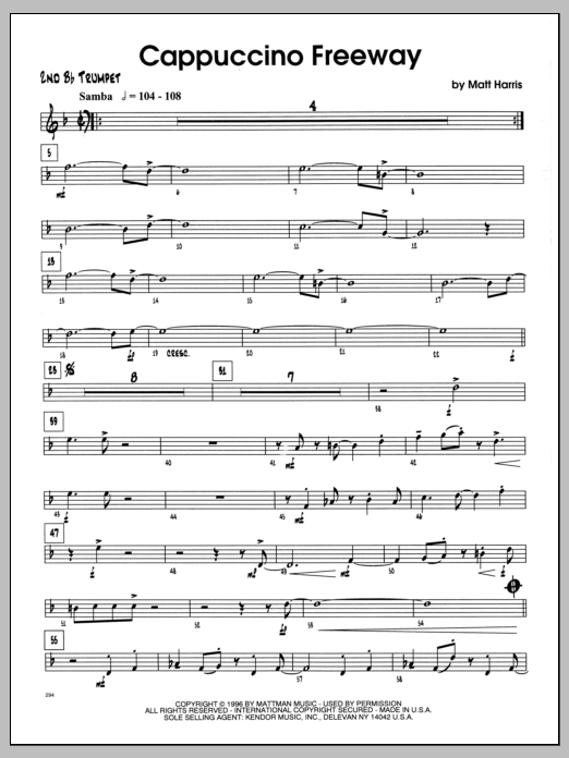 Learn to play Matt Harris Cappuccino Freeway - 2nd Bb Trumpet sheet music for Jazz Ensemble in minutes. Matt Harris Cappuccino Freeway - 2nd Bb Trumpet sheet music preview music notes and score for Jazz Ensemble including 4 page(s)