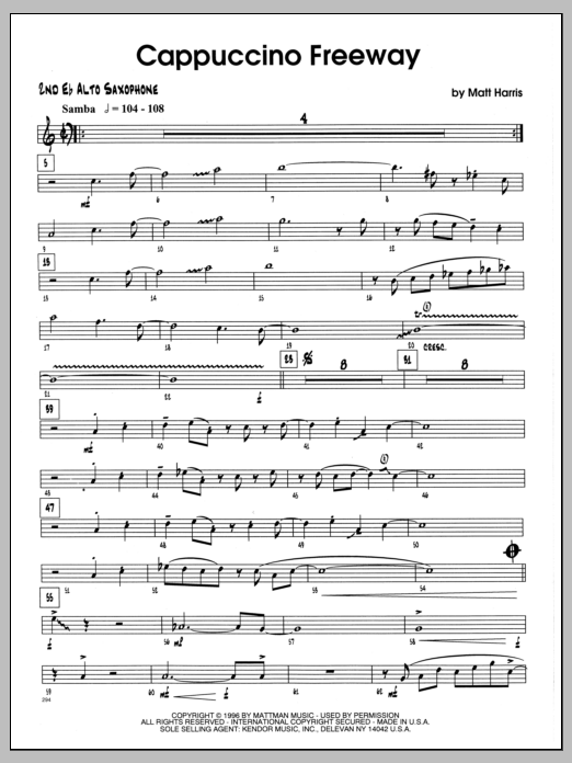 Learn to play Matt Harris Cappuccino Freeway - 2nd Eb Alto Saxophone sheet music for Jazz Ensemble in minutes. Matt Harris Cappuccino Freeway - 2nd Eb Alto Saxophone sheet music preview music notes and score for Jazz Ensemble including 4 page(s)